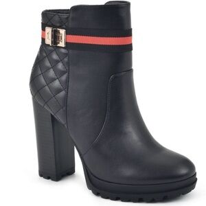 Black Quilted-Back Block Heel Ankle Boots with Red-Strip Accent